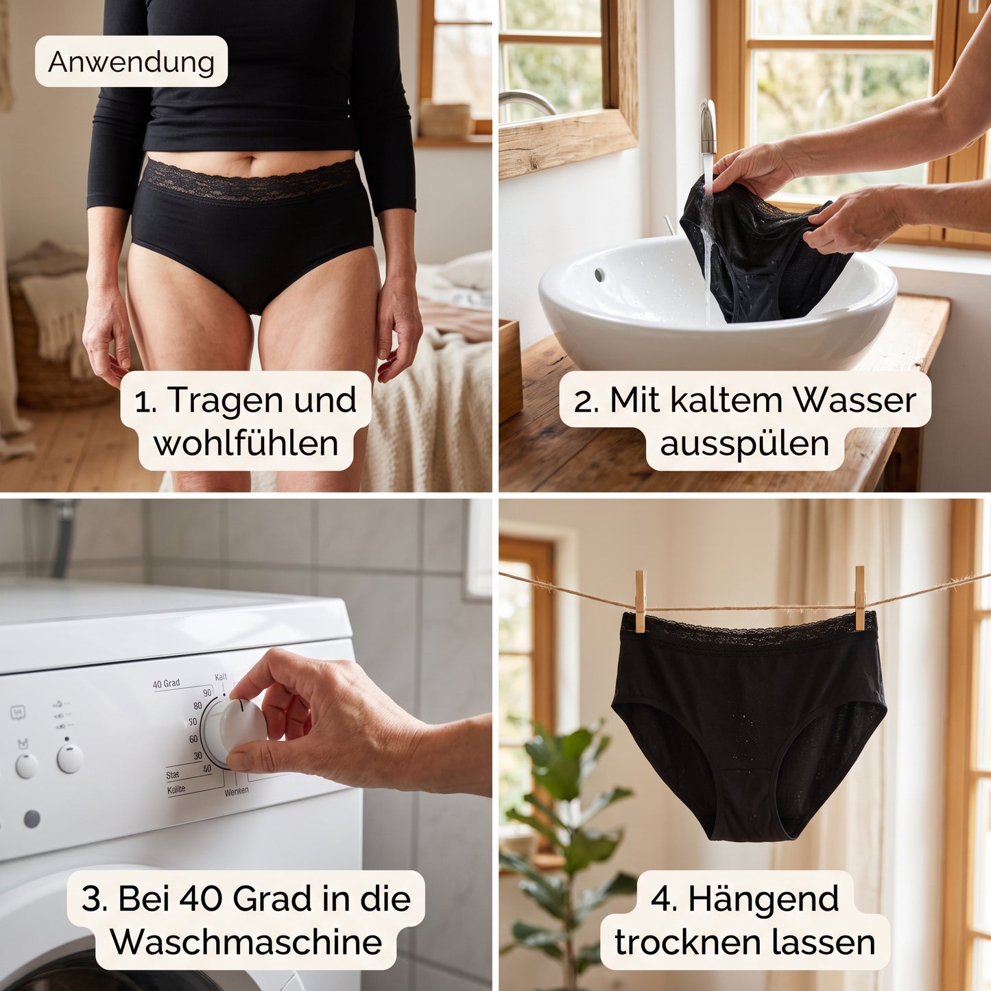 Anwendung in vier Schritten: tragen, auspülen, bei 40 Grad waschen, hängend trocknen