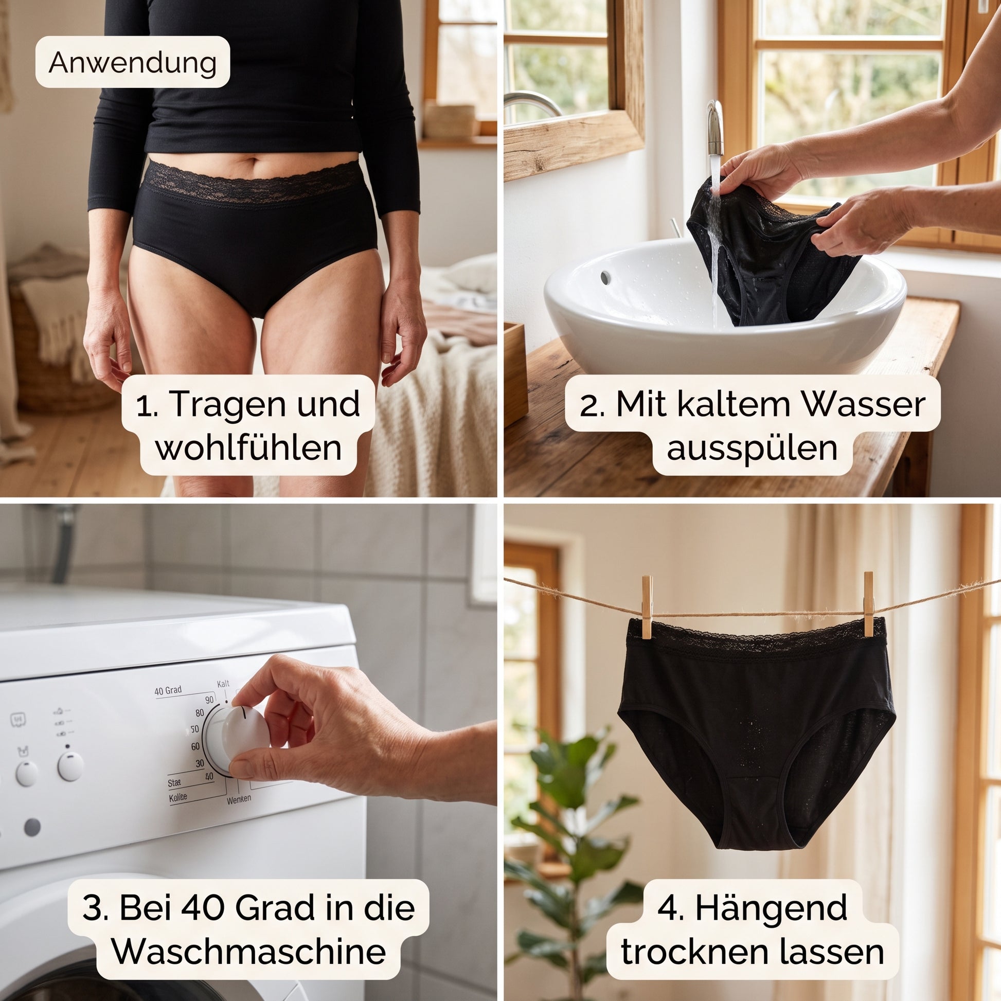Anwendung in vier Schritten: tragen, auspülen, bei 40 Grad waschen, hängend trocknen