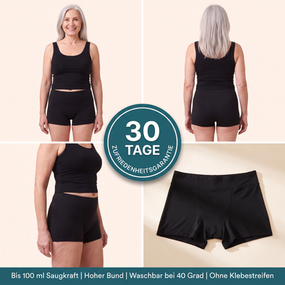 Landry Boyshorts getragen von vorne, hinten und seitlich, dazu flach: bis 100 ml Saugkraft, hoher Bund, waschbar bei 40 Grad, ohne Klebestreifen