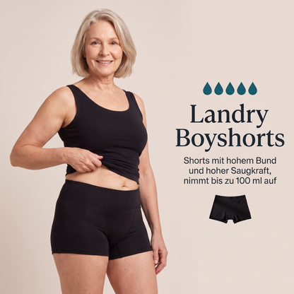 Landry Boyshorts am Körper getragen: Shorts mit hohem Bund und hoher Saugkraft, nimmt bis zu 100 ml auf