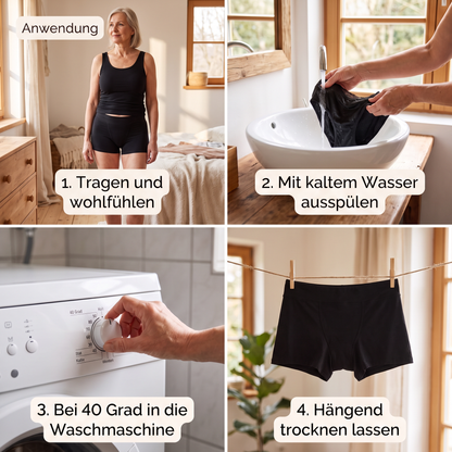 Anwendung in vier Schritten: tragen, mit kaltem Wasser ausspülen, bei 40 Grad waschen, hängend trocknen